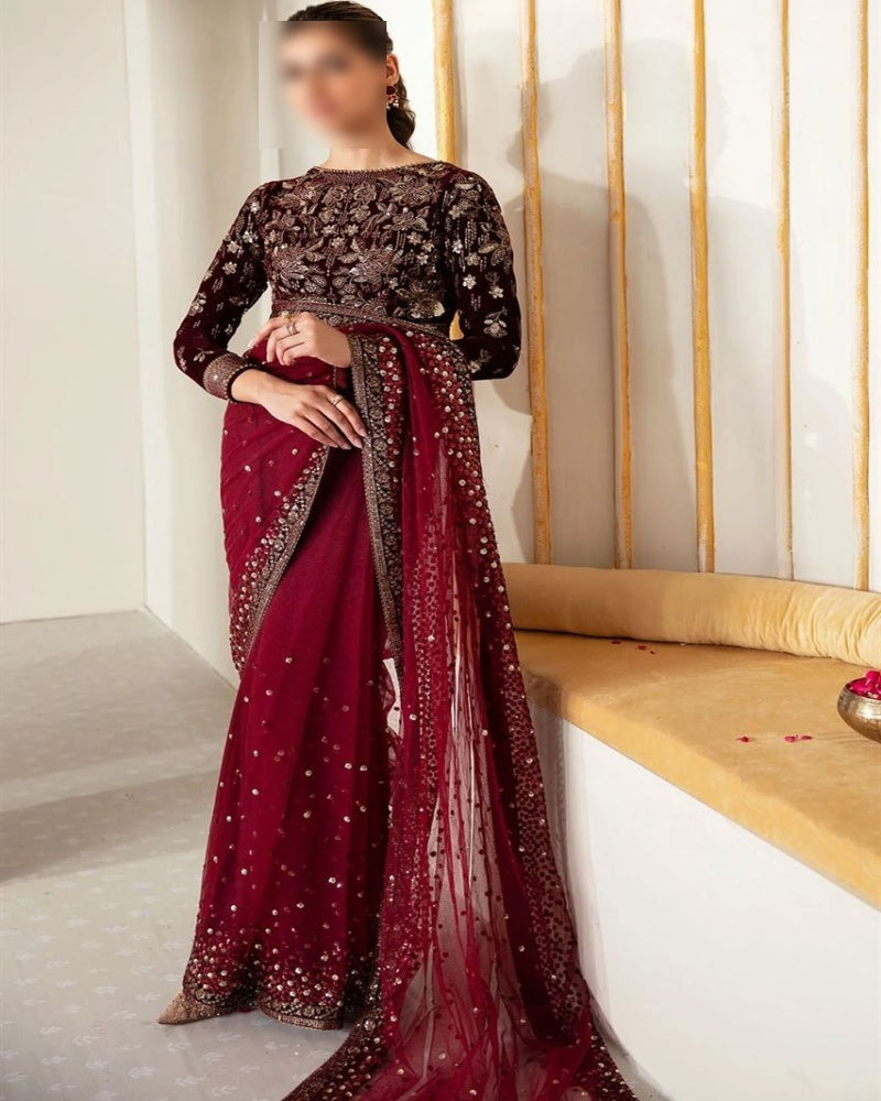Unstitched Saree Fabric Set with Velvet, Net, and Satin Silk – Buyfromdanish.com