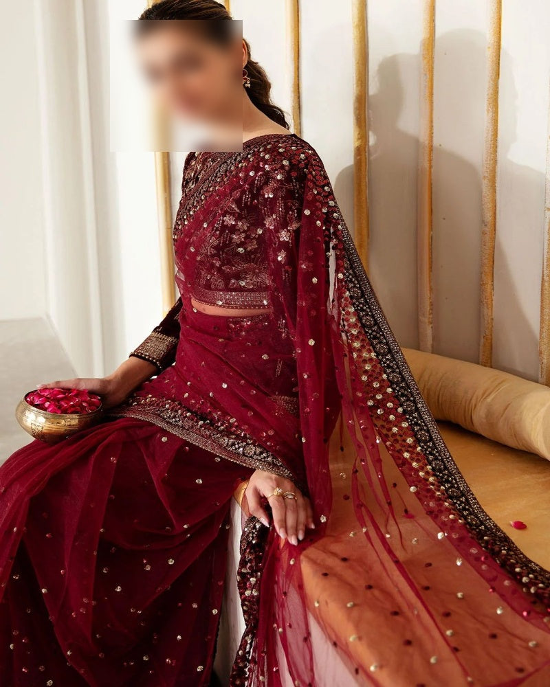 Luxury Velvet & Net Saree with Satin Silk Trouser – Unstitched