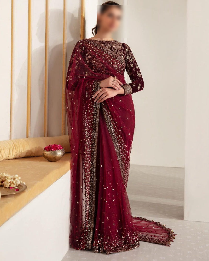 Luxury Velvet & Net Saree with Satin Silk Trouser – Unstitched
