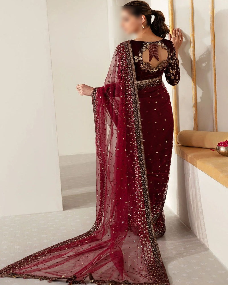 Luxury Velvet & Net Saree with Satin Silk Trouser – Unstitched