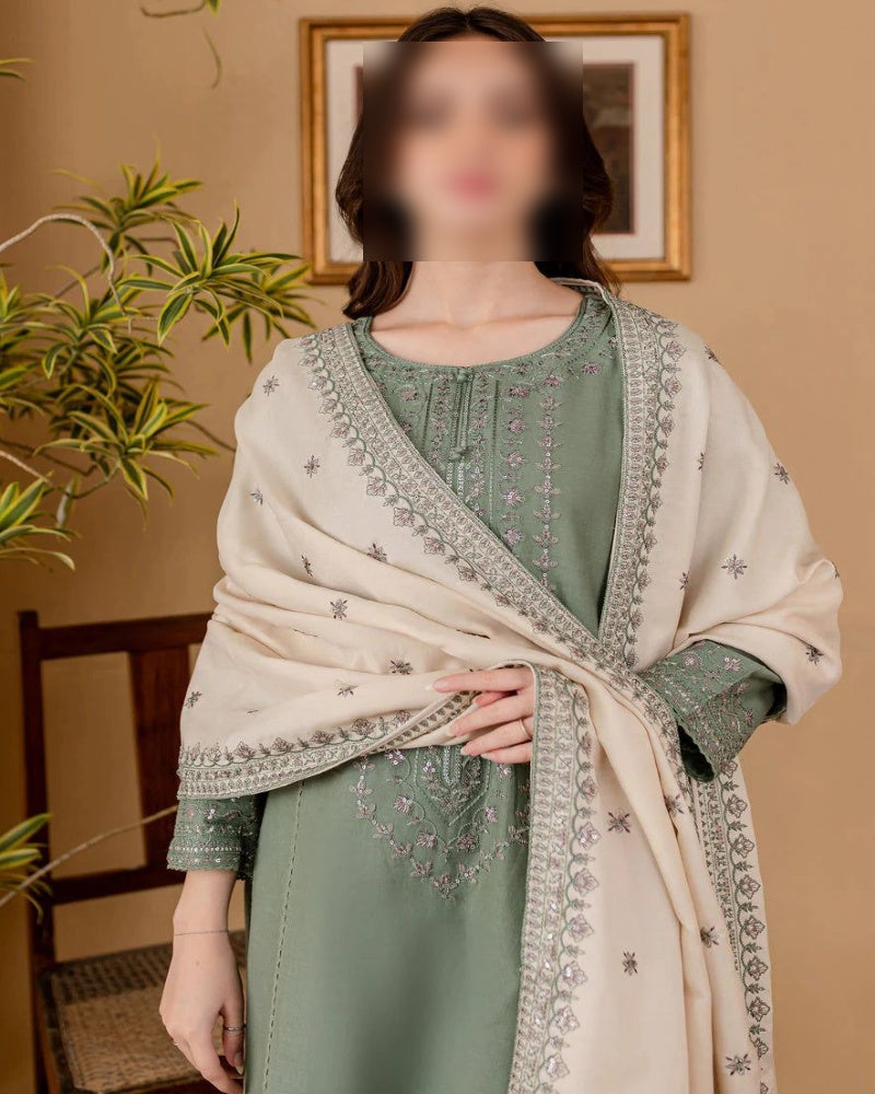 Elegant 3-Piece Unstitched Embroidered Suit with Dhank Shawl