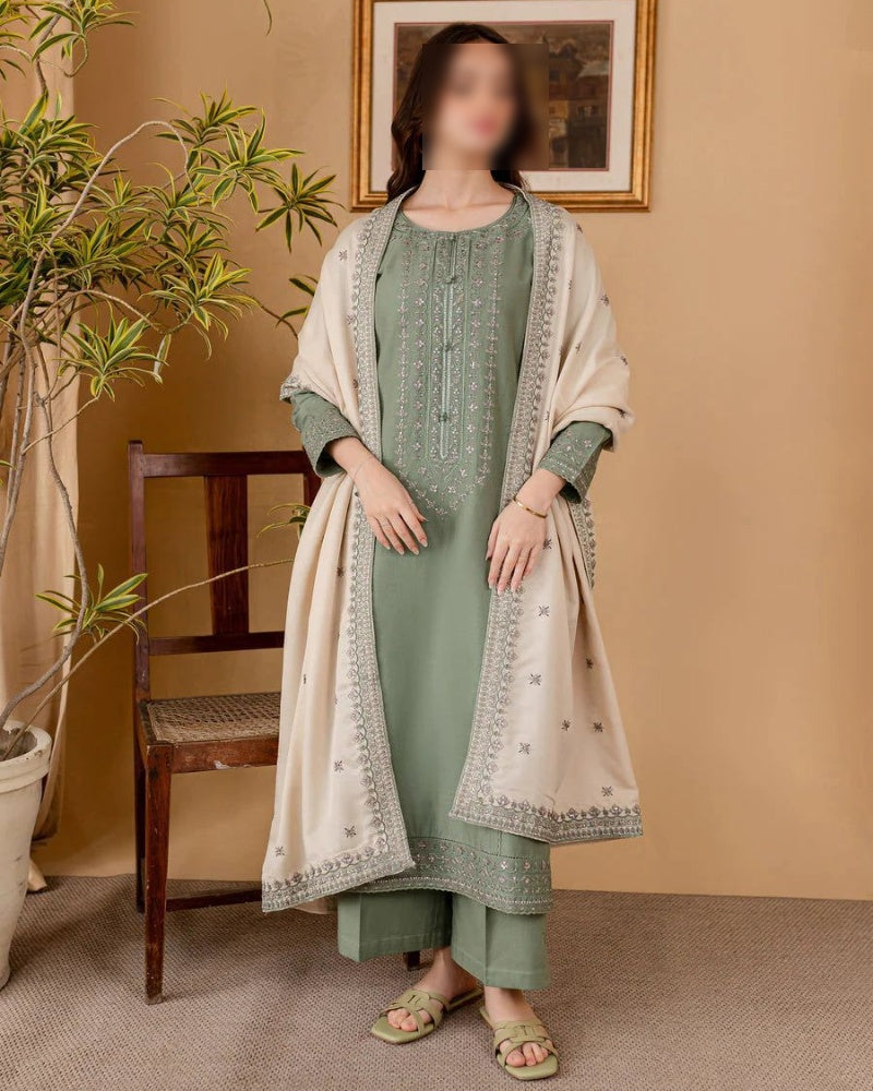 Unstitched 3-piece embroidered suit with heavy neck patch