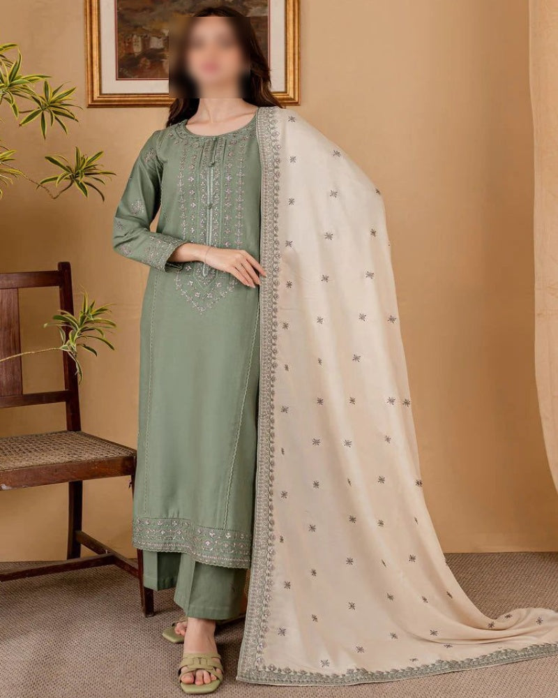 Elegant 3-Piece Unstitched Embroidered Suit with Dhank Shawl