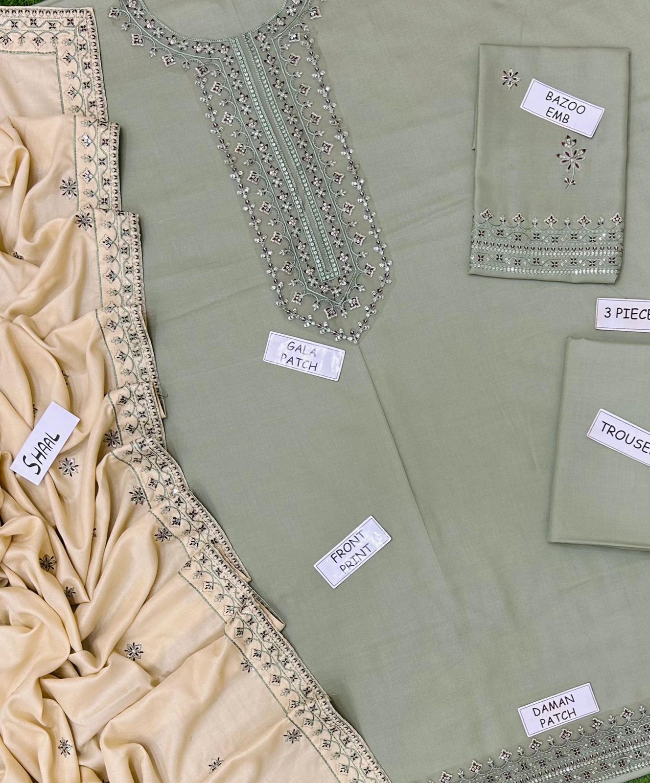 Unstitched 3-piece embroidered suit with heavy neck patch