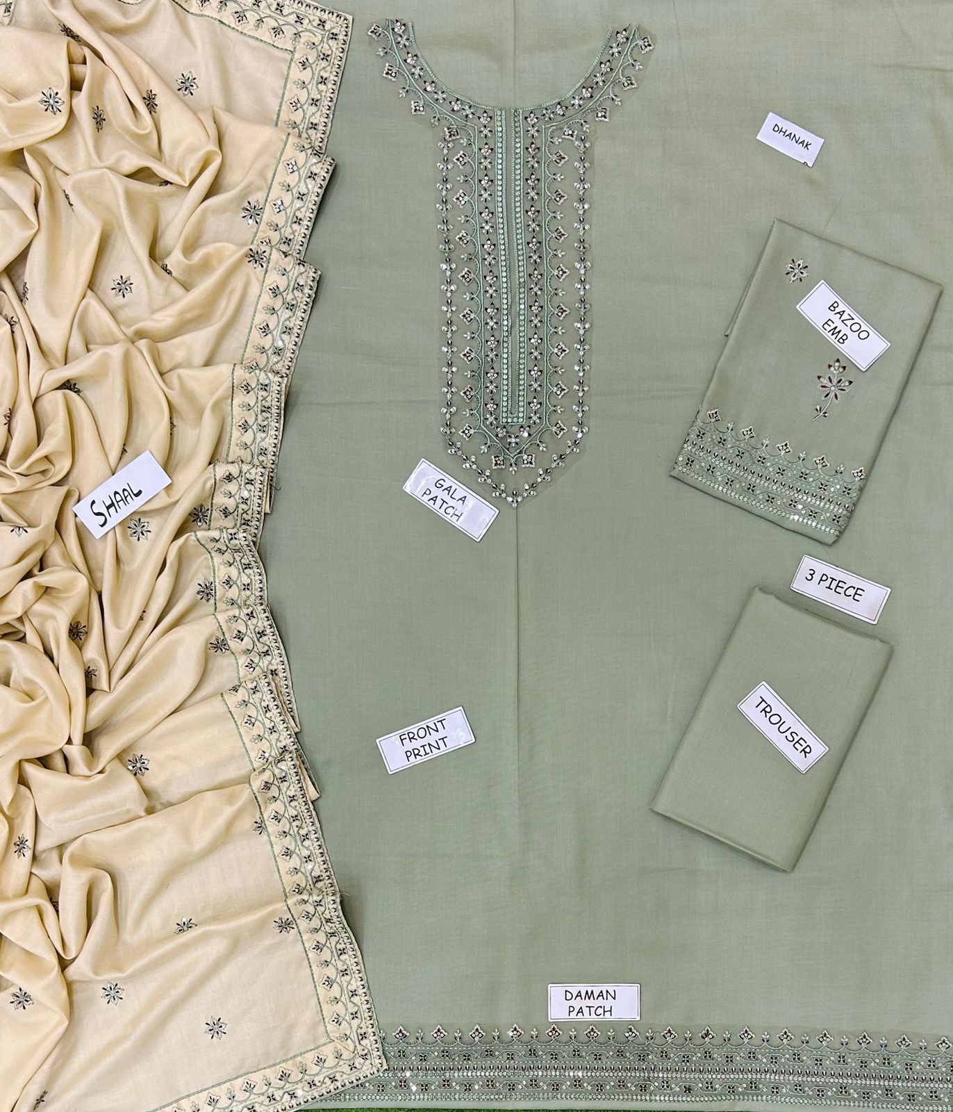 Elegant 3-Piece Unstitched Embroidered Suit with Dhank Shawl