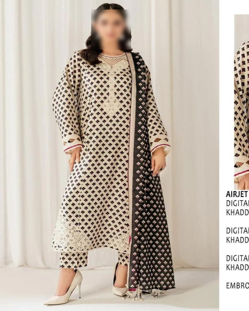 Luxury Digital Print Slub Khaddar 3-Piece Suit (Airjet Patch Collection)