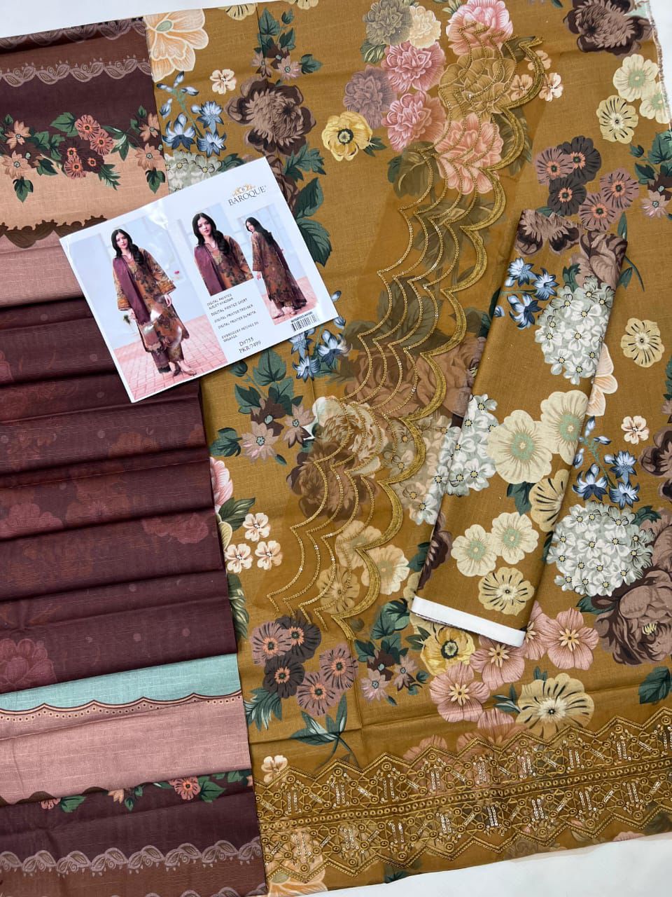 Airjet slub khaddar fabric suit with neck and daman patches Women’s winter khaddar dress with digital print and heavy embroidery