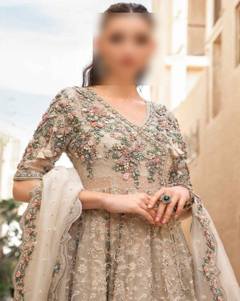 Elegant Organza Embroidered Maxi Dress – 3 Piece Luxury Ensemble