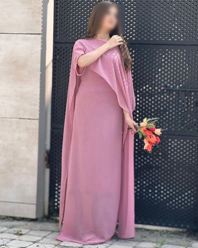 Elegant pink chiffon cape maxi dress for women, perfect for formal and festive occasions – buyfromdanish.com