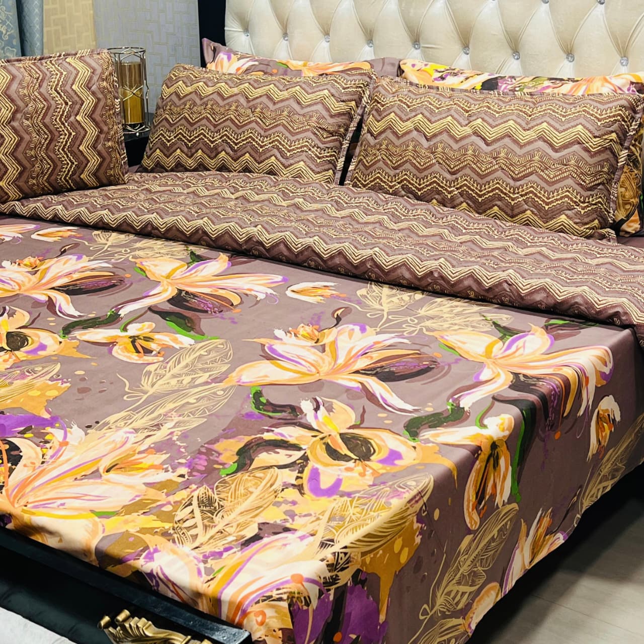 7 Pc Printed Comforter Set – King Size Cotton Mix Bedding