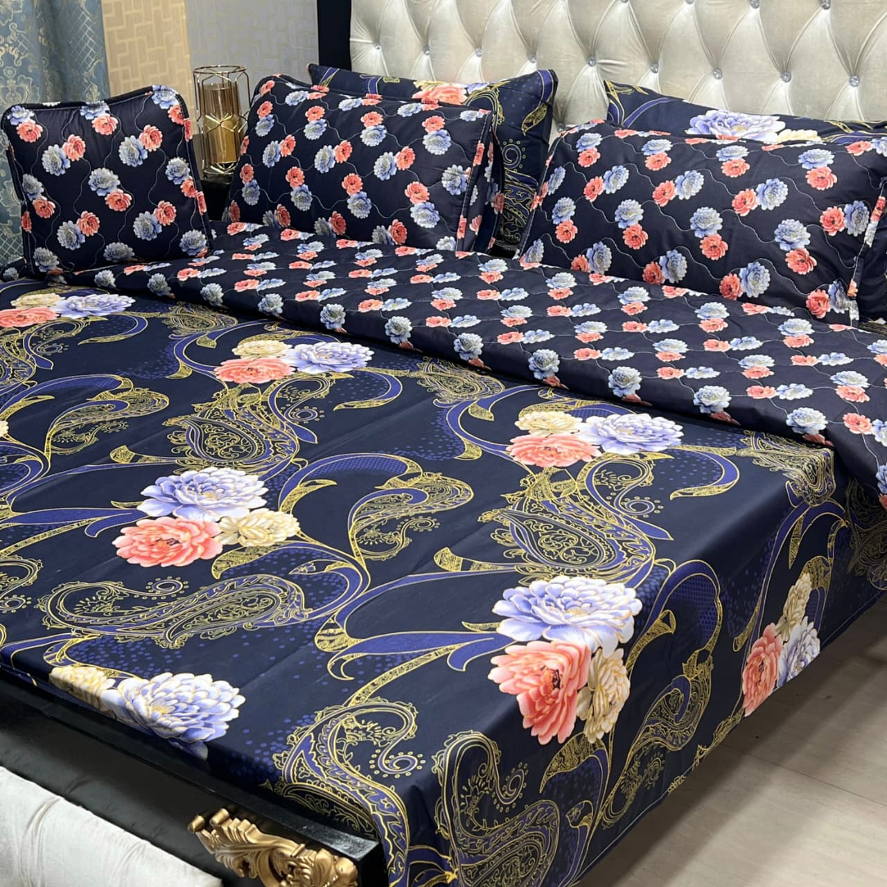 7 Pc Printed Comforter Set – King Size Cotton Mix Bedding