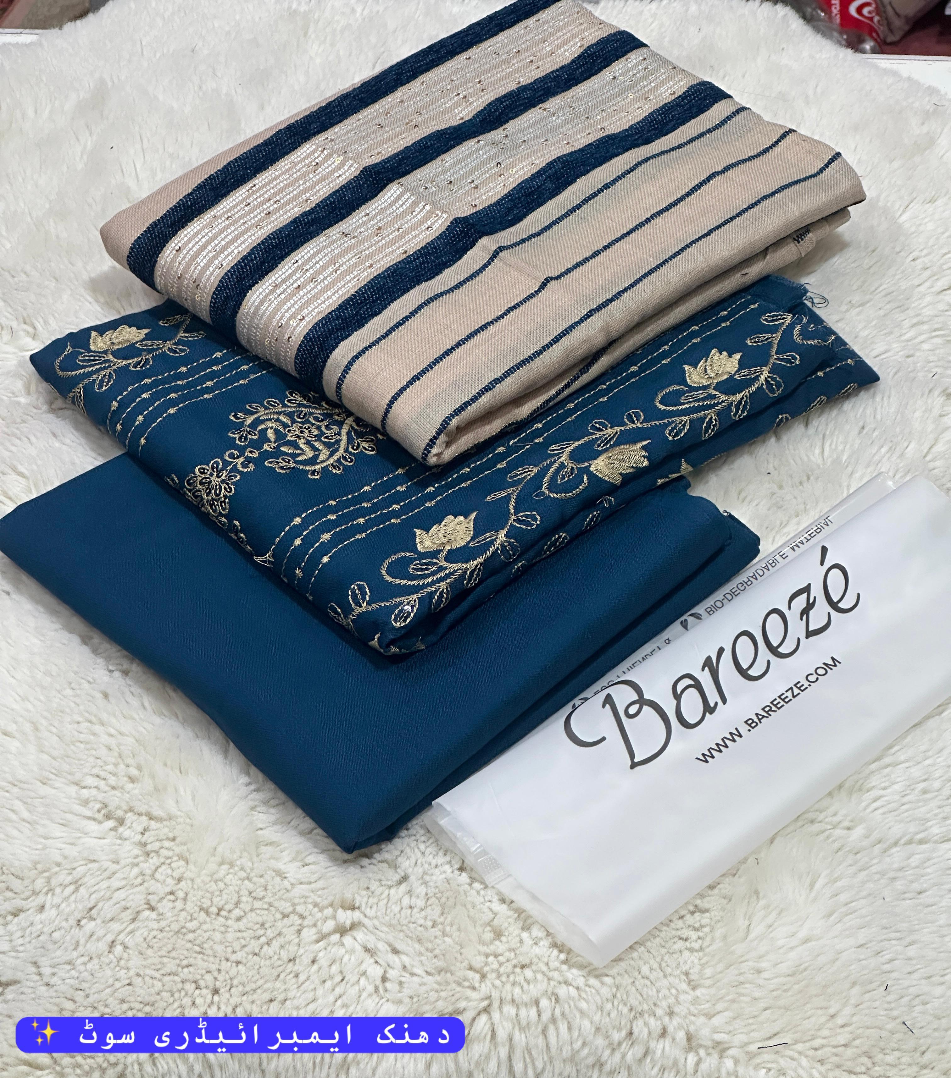 Luxury 3-Piece Dhanak Embroidered Winter Suit with Pashmina Velvet Shawl