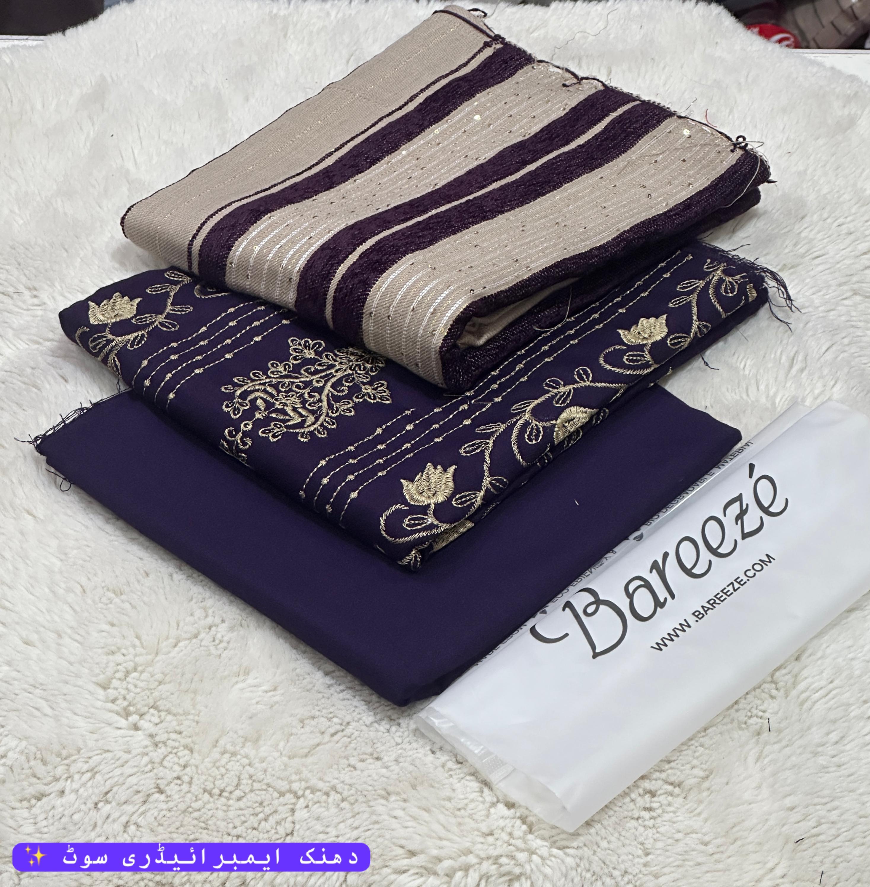 Luxury 3-Piece Dhanak Embroidered Winter Suit with Pashmina Velvet Shawl