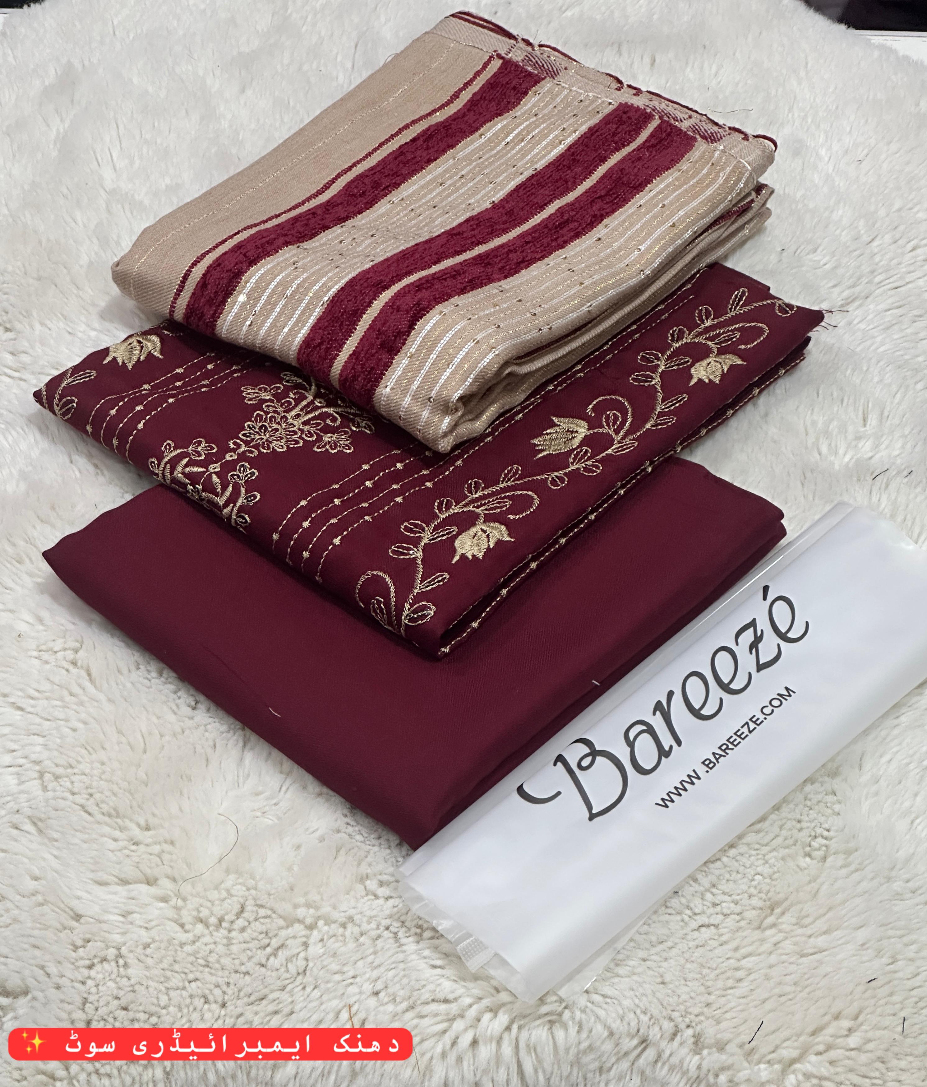 Luxury 3-Piece Dhanak Embroidered Winter Suit with Pashmina Velvet Shawl