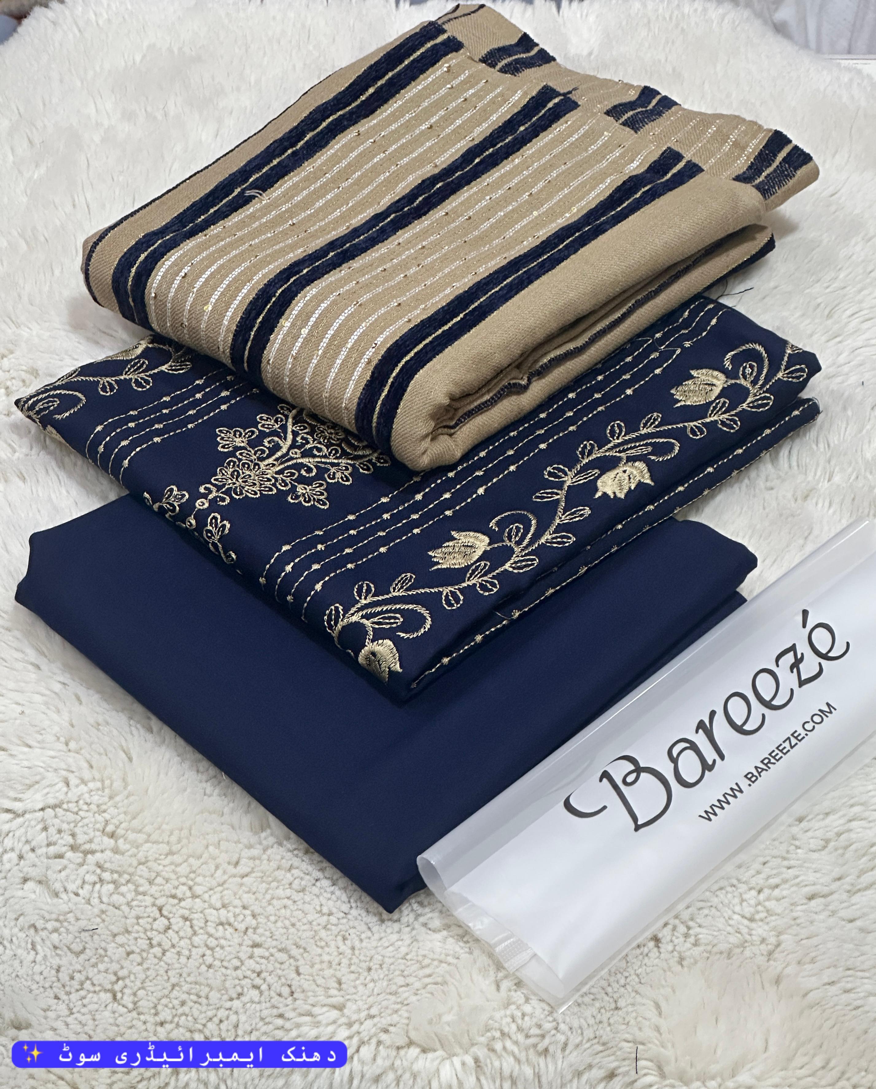 Luxury 3-Piece Dhanak Embroidered Winter Suit with Pashmina Velvet Shawl