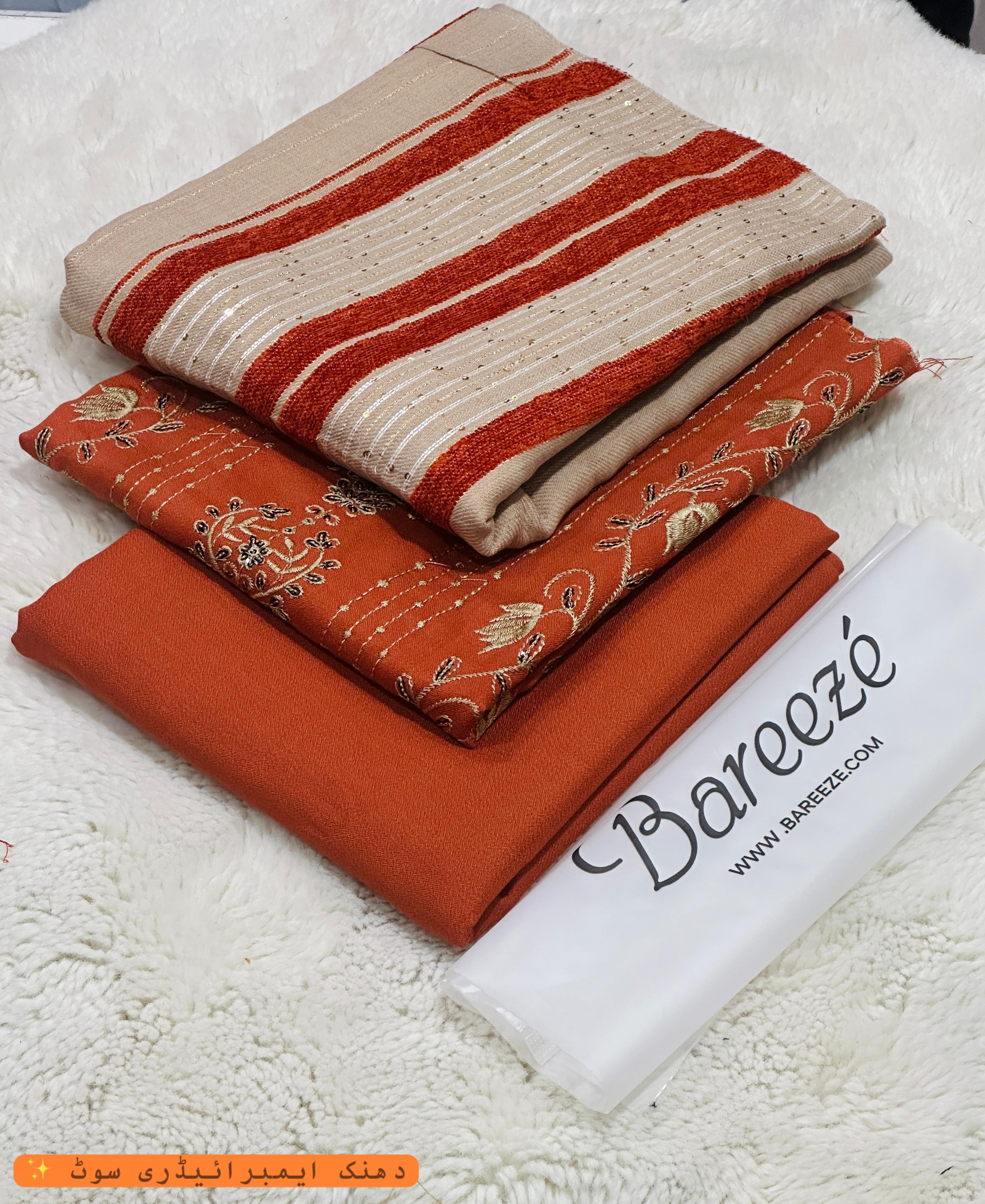 Luxury 3-Piece Dhanak Embroidered Winter Suit with Pashmina Velvet Shawl