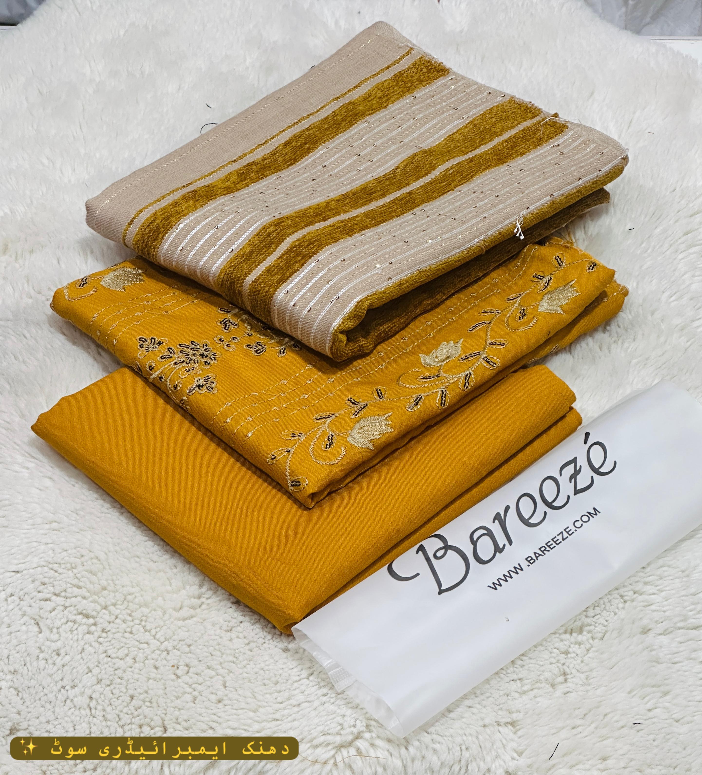 Luxury 3-Piece Dhanak Embroidered Winter Suit with Pashmina Velvet Shawl