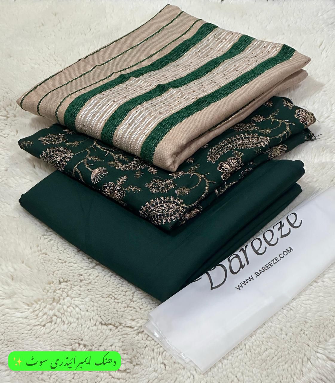 Luxury 3-Piece Dhanak Embroidered Winter Suit with Pashmina Velvet Shawl