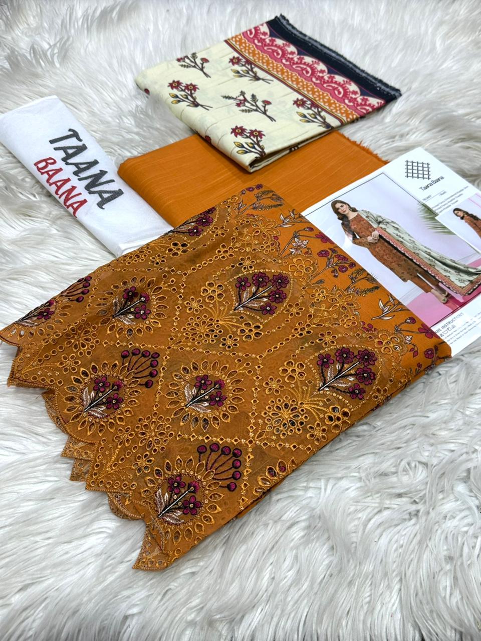 Premium 3-piece pure khadar embroidered suit with printed dupatta and dyed trouser – elegant winter outfit for women in Pakistan