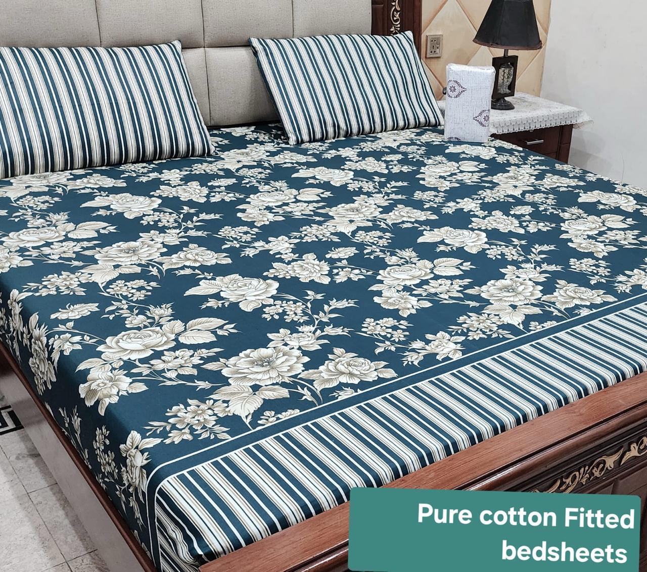 Premium Pure Cotton 3-Piece Fitted Bedsheet Set – King Size