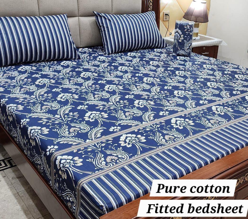Premium Pure Cotton 3-Piece Fitted Bedsheet Set – King Size