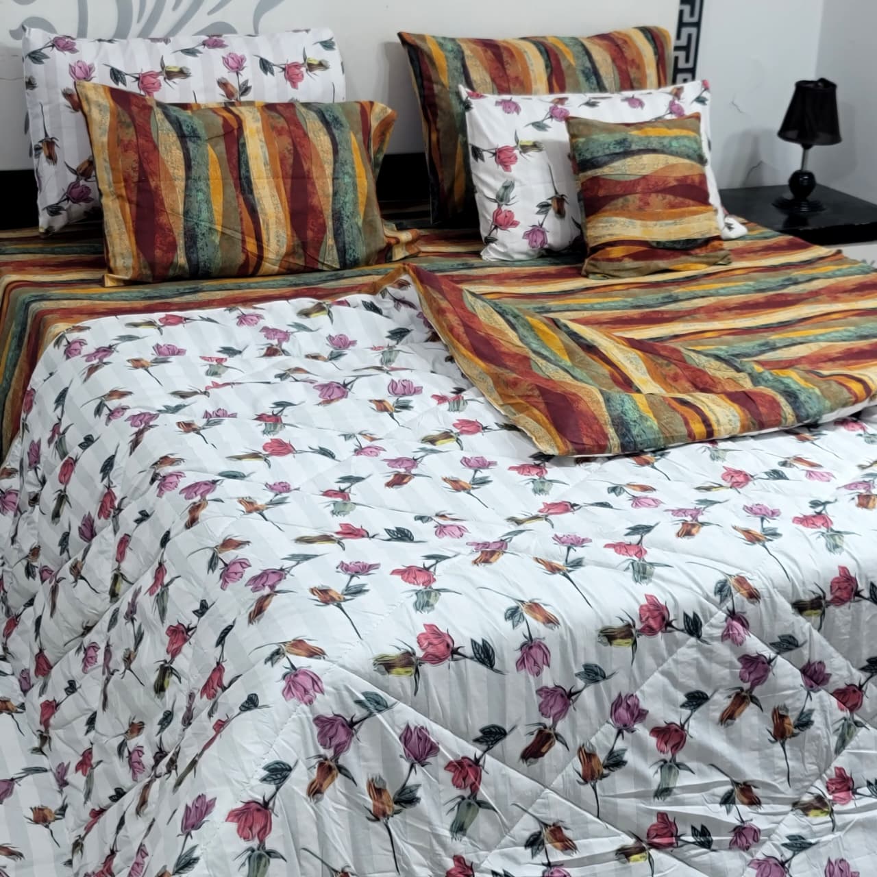 Luxury Pure Cotton Printed 7 Pcs Vicky Razai Set – King Size Bedding Collection