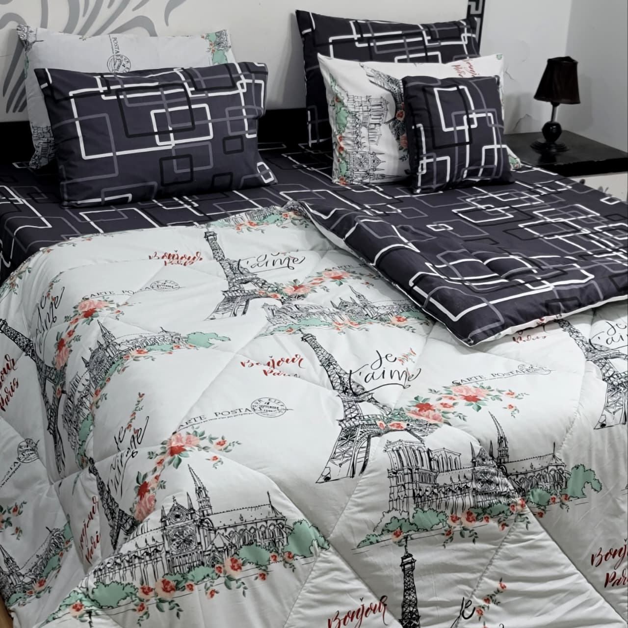 Luxury Pure Cotton Printed 7 Pcs Vicky Razai Set – King Size Bedding Collection