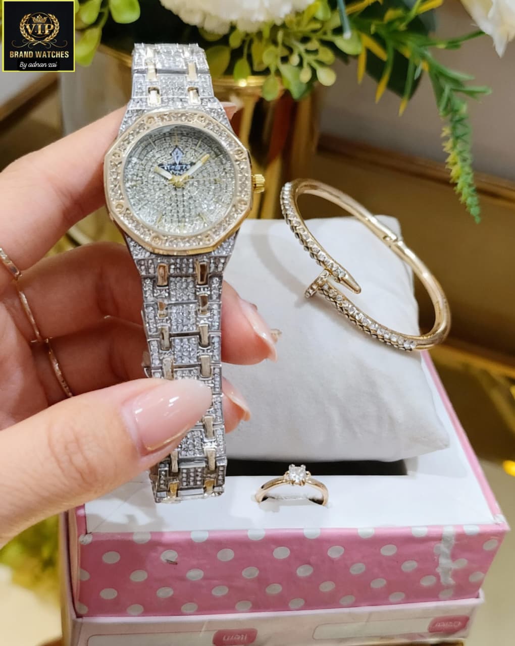 Luxury Diamond Stone Jewelry Watch Set for Girls