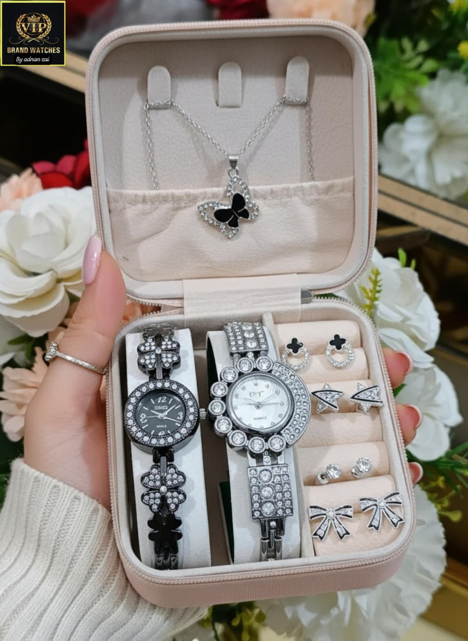 Trendy diamond jewelry and wristwatch gift box for girls