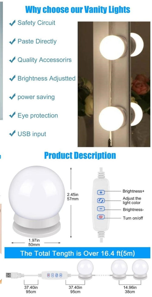 10-Bulb Vanity Mirror Light Set with 3 Lighting Modes