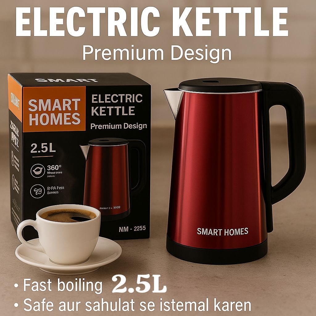 2.5L Premium Electric Kettle – 2000W Stainless Steel Inner with Cool-Touch Plastic Outer