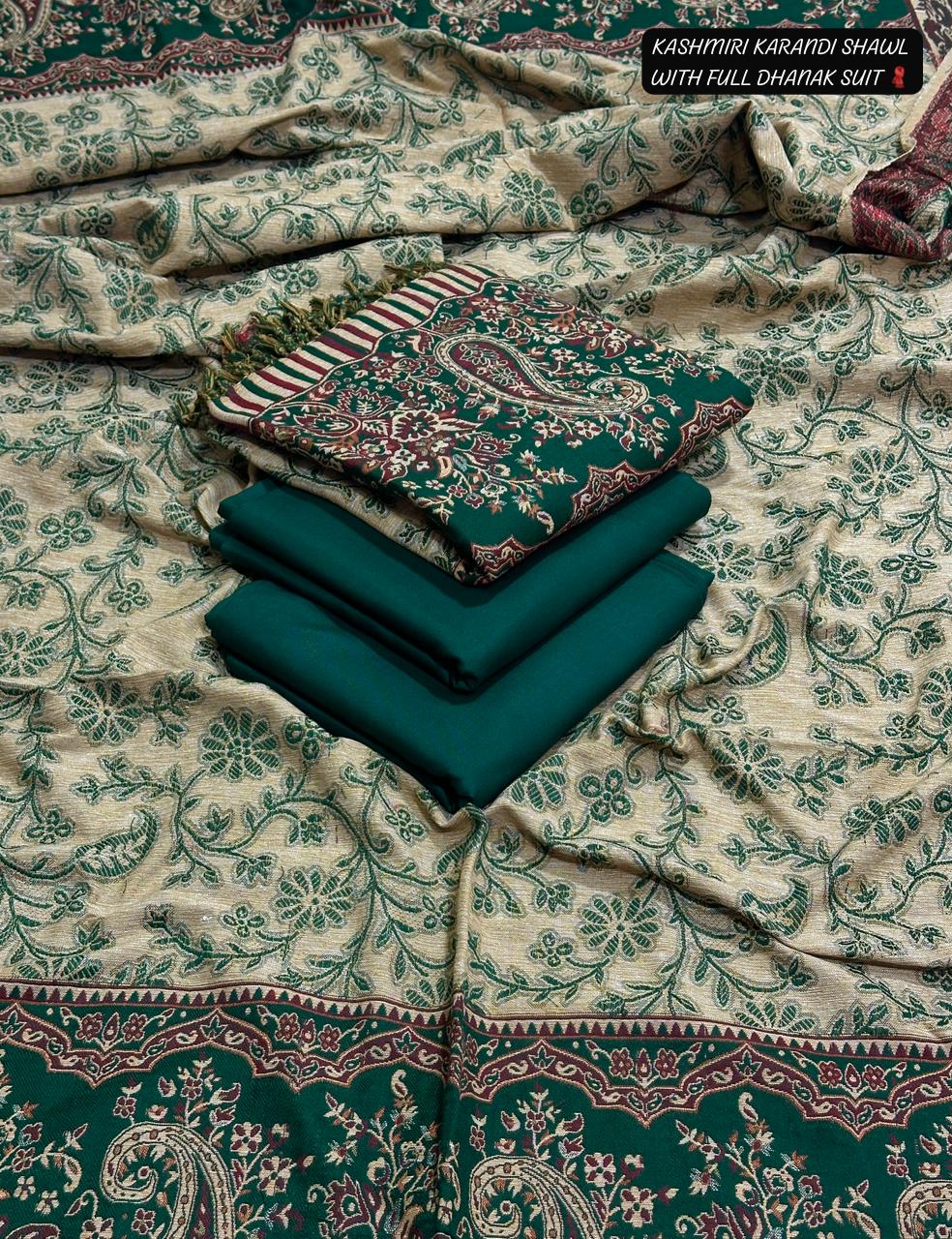 Women’s premium Dhanak suit 2025 – pure Karandi Kashmiri shawl, luxury winter collection dress with warm fabric and rich embroidery