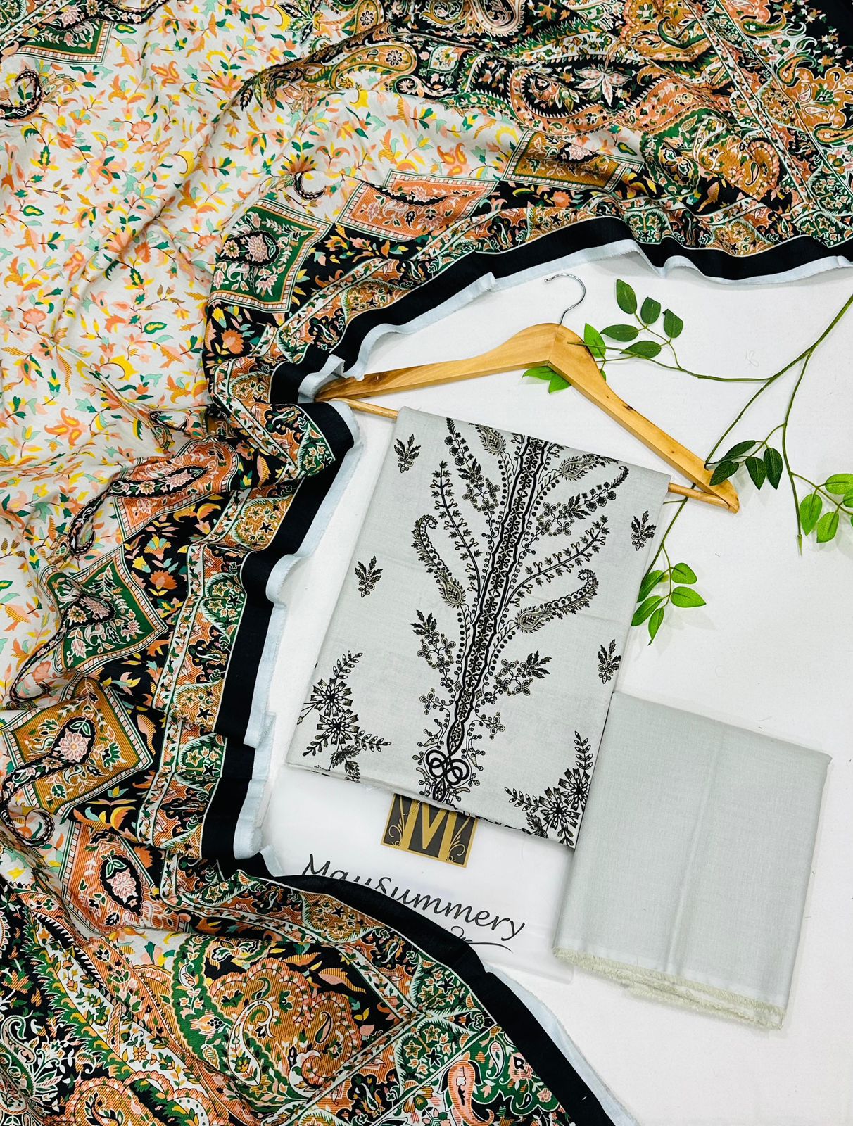 Premium 3-piece digital printed khaddar suit for women – elegant winter collection outfit with warm fabric and vibrant design