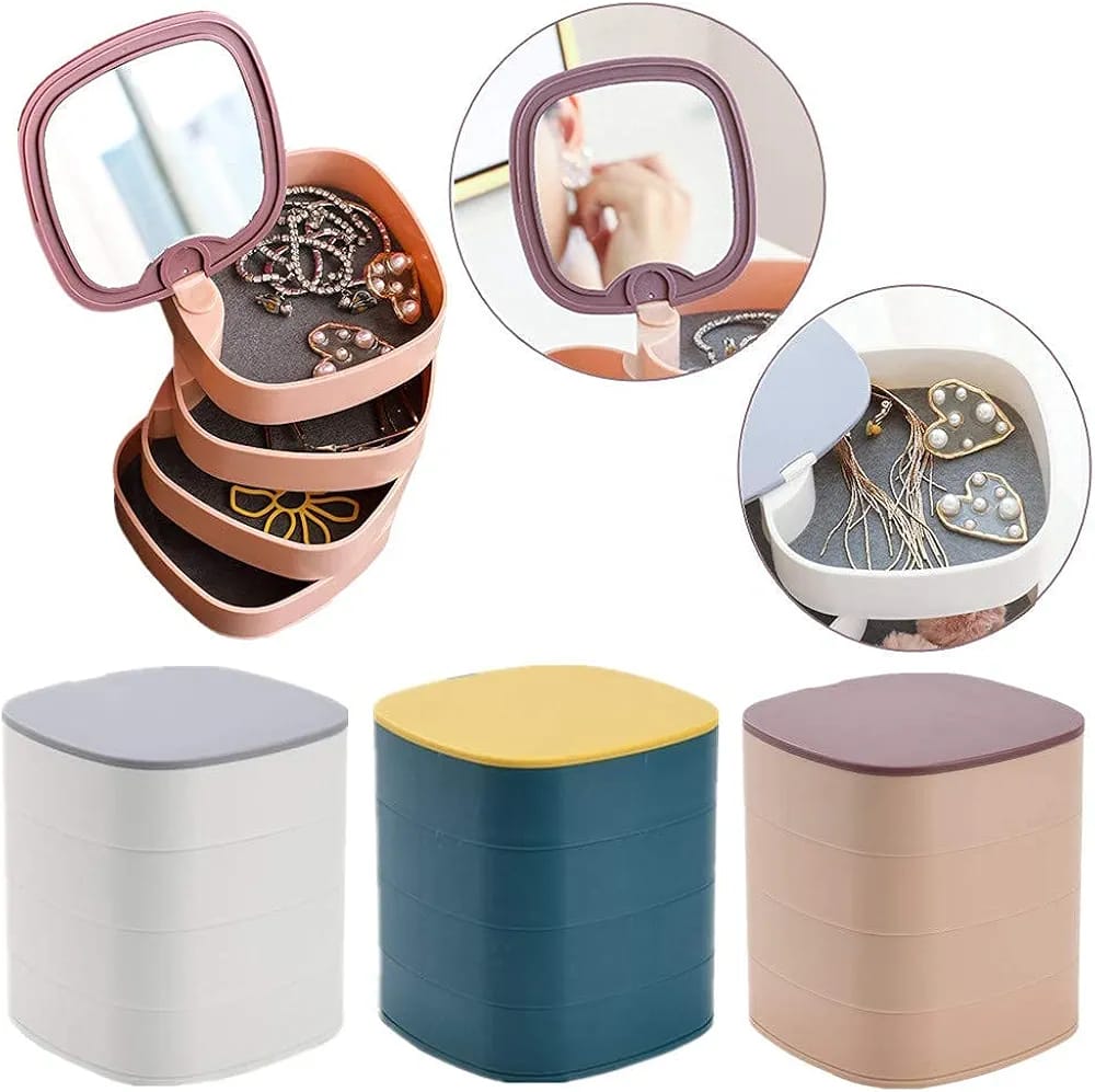 4-Layer Rotating Jewelry Organizer Box with Mirror Lid