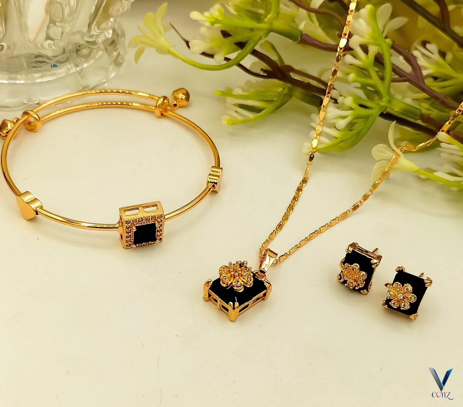 Elegant Gold-Plated Zircon Locket Set with Matching Bangle