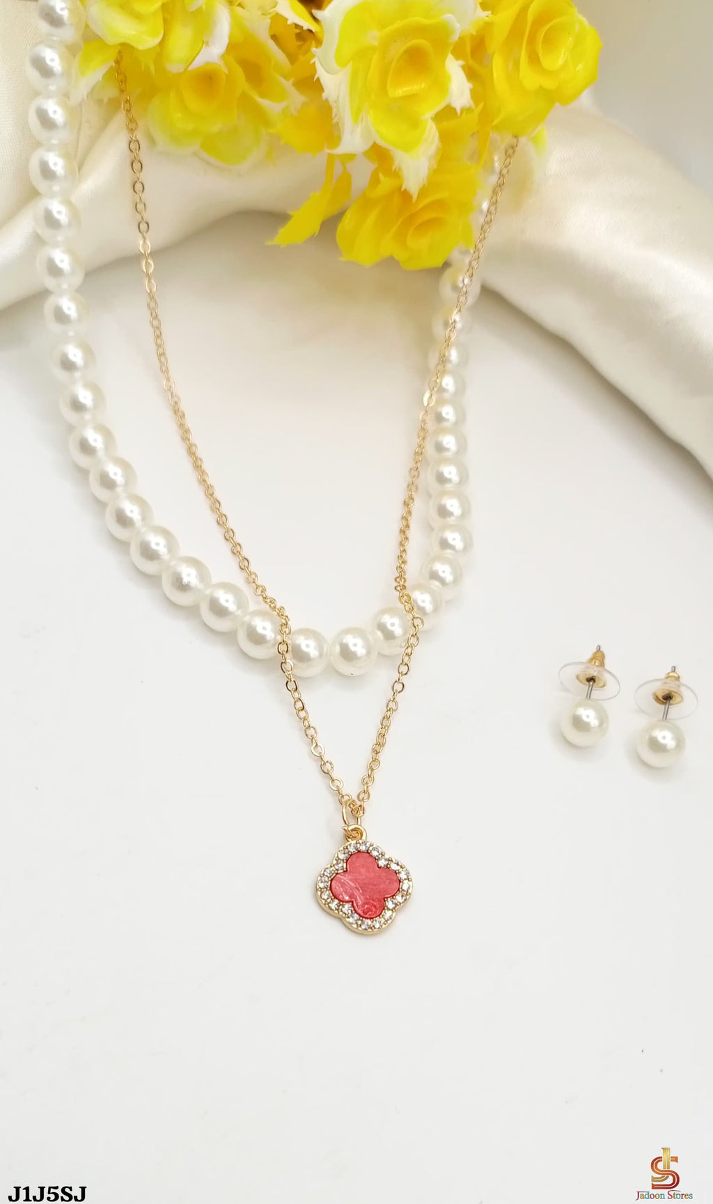 Elegant Zircon Clover Necklace with Pearl Mala & Stud Earrings