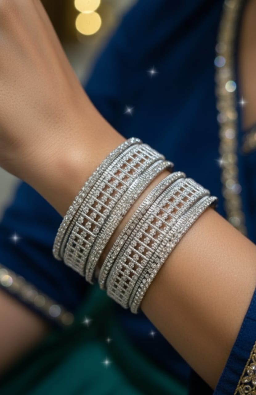 Silver Chura Bangle Set – 14-Piece Steel Cut Premium Collection (Multiple Sizes)