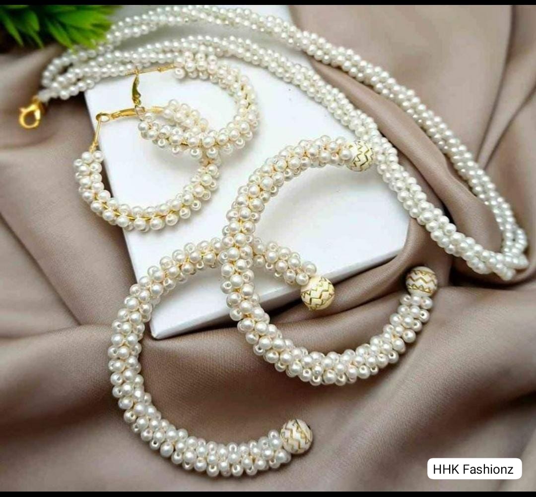 Elegant Pearl Jewelry Set – Necklace, Hoops & Bangles (Most Demanding Collection)
