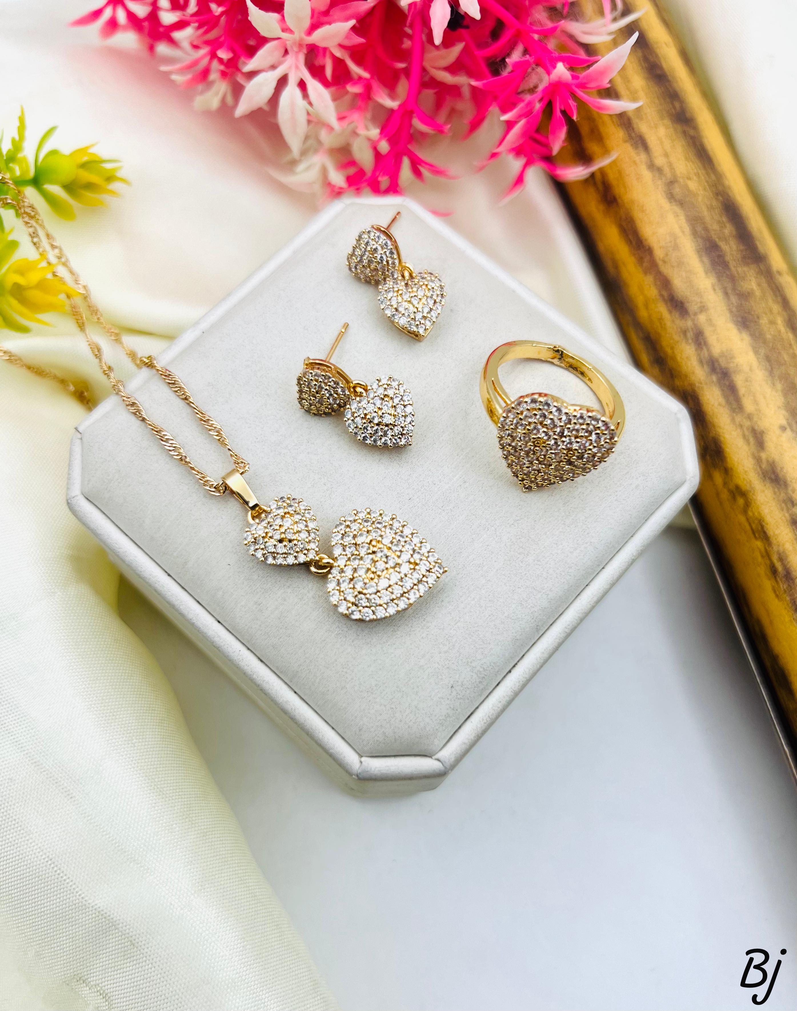 Gold-Plated Zircon Heart Locket Set with Adjustable Ring