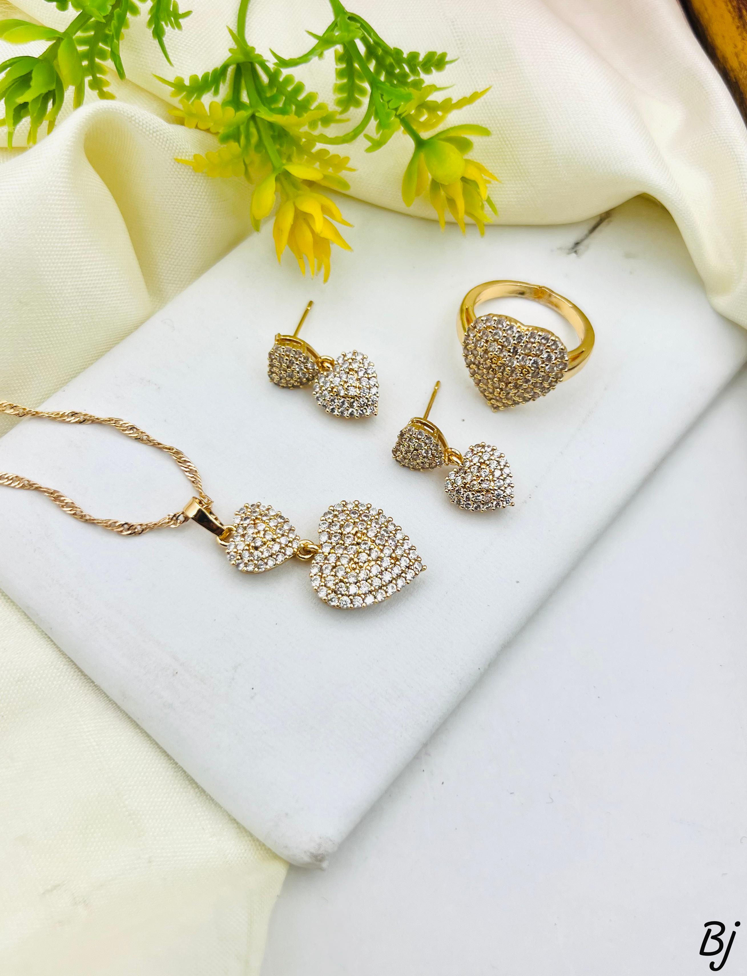 Gold-Plated Zircon Heart Locket Set with Adjustable Ring