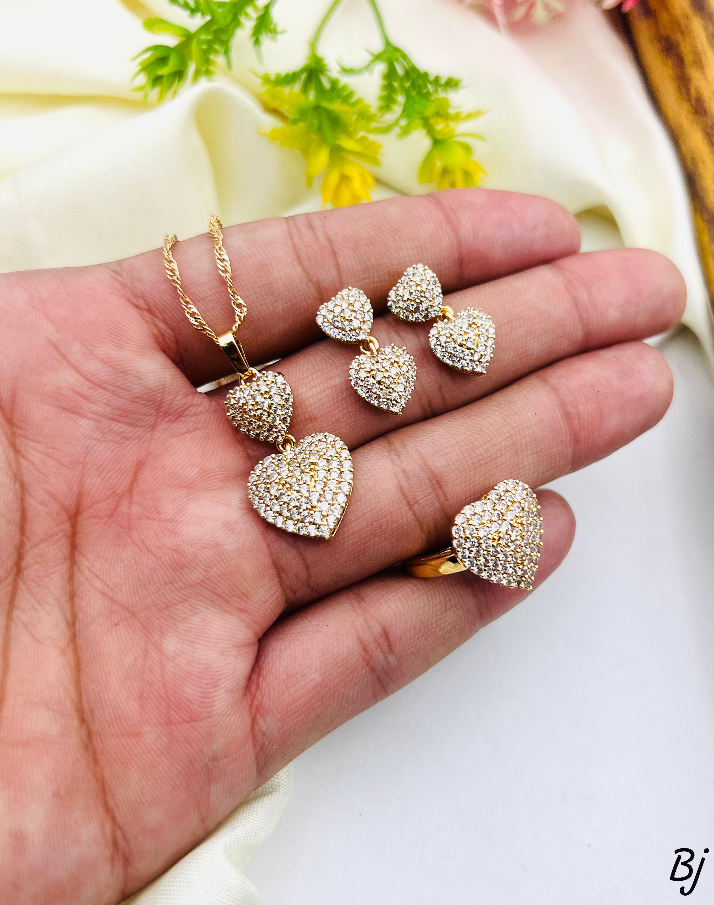 Gold-Plated Zircon Heart Locket Set with Adjustable Ring