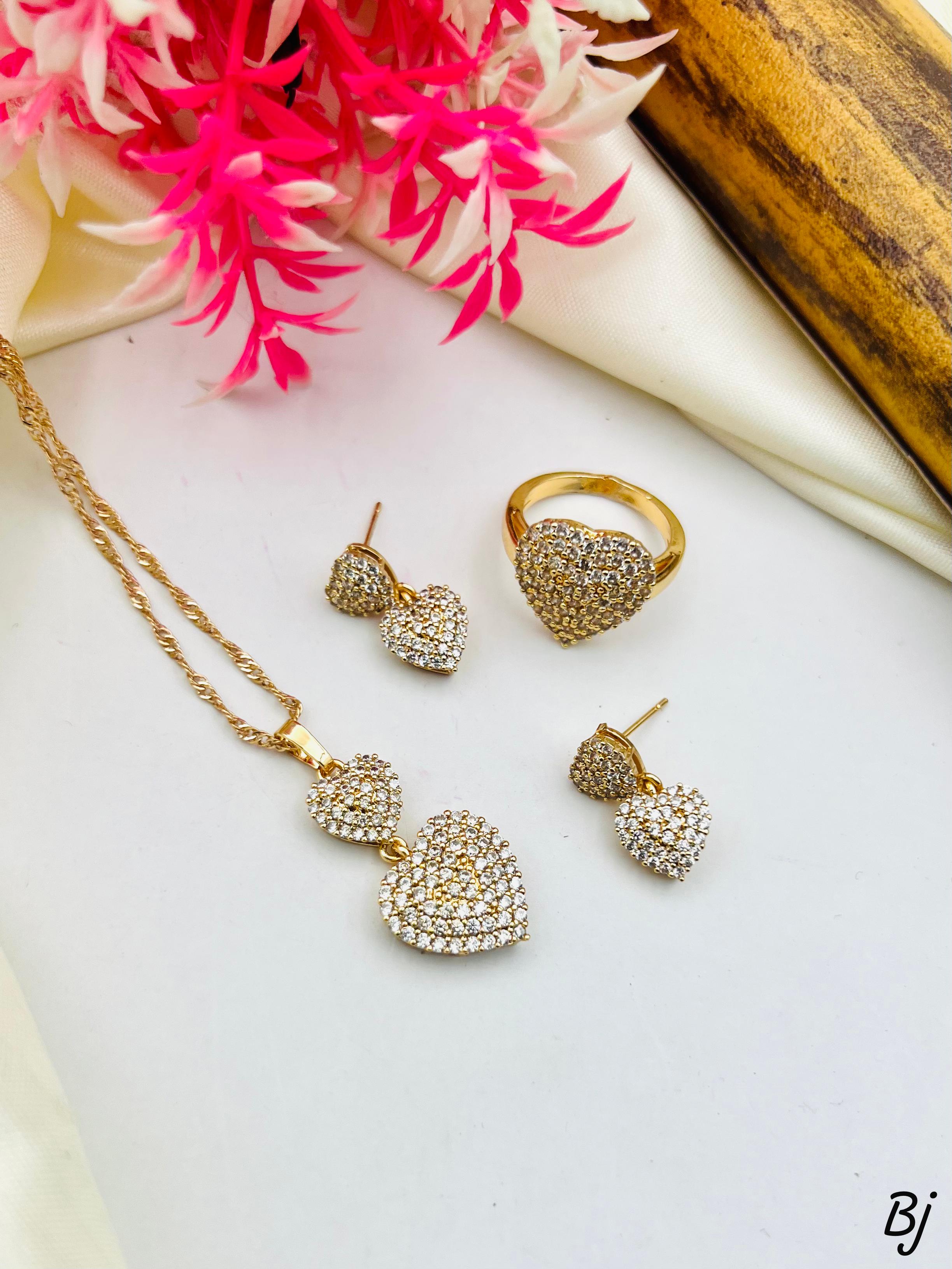 Gold-Plated Zircon Heart Locket Set with Adjustable Ring