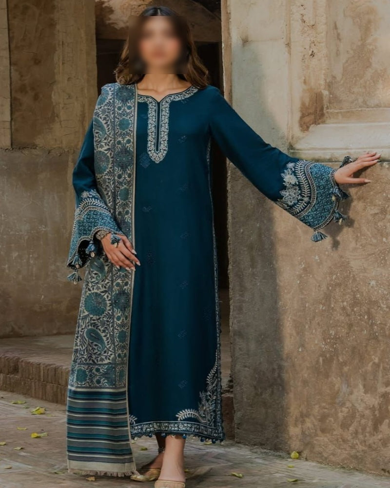 Premium Air-Jet Dhanak 3PC Heavy Embroidered Suit with Digital Pashmina Shawl – Winter Collection 2025/26