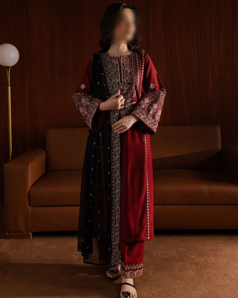 Luxury Airjet Dhanak 3-piece embroidered winter suit with heavy sequence shawl – premium women’s outfit Pakistan 2025