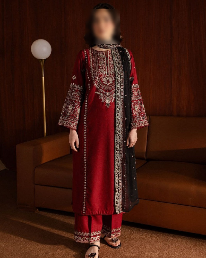 Luxury Airjet Dhanak 3-piece embroidered winter suit with heavy sequence shawl – premium women’s outfit Pakistan 2025