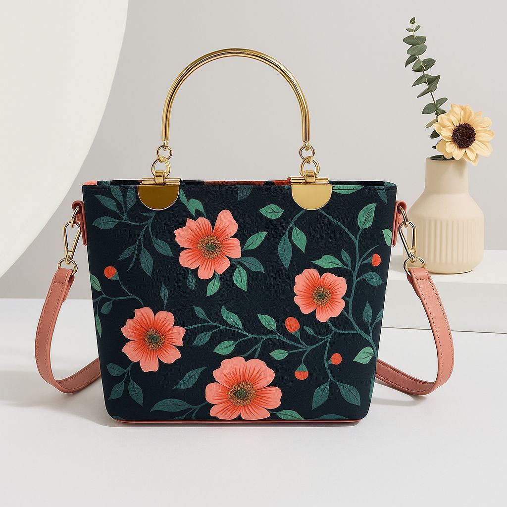 Printed Metal Handle Handbag & Crossbody Bag