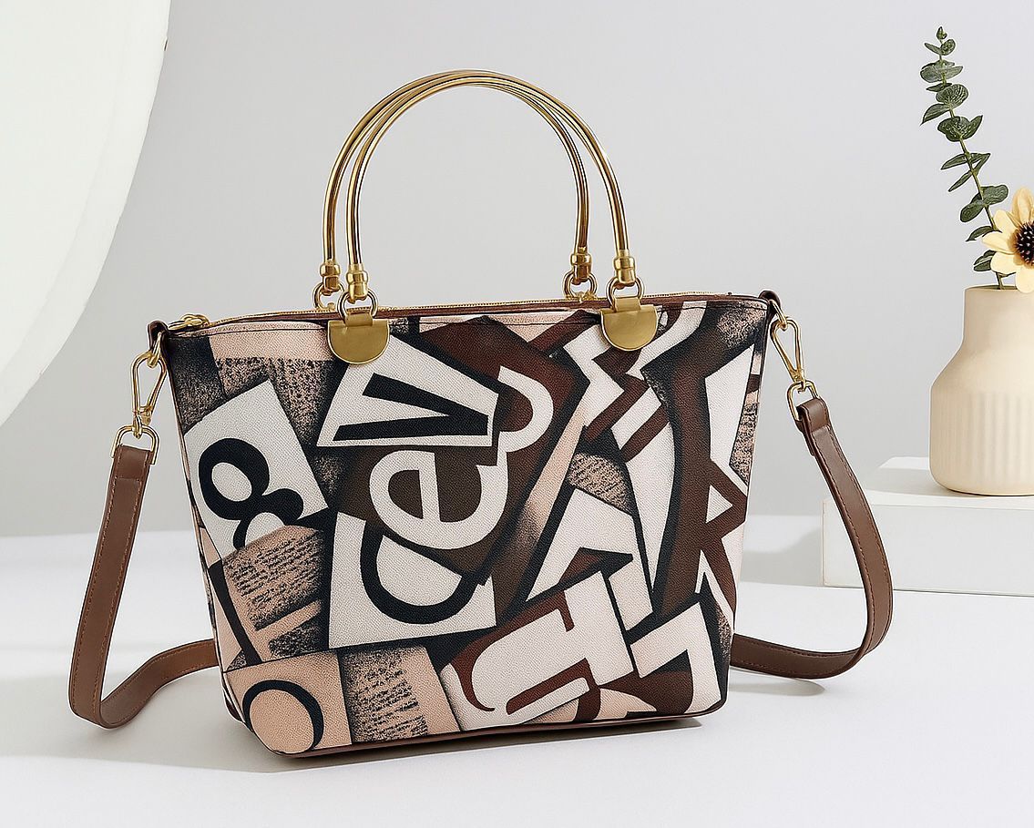 Printed Metal Handle Handbag & Crossbody Bag