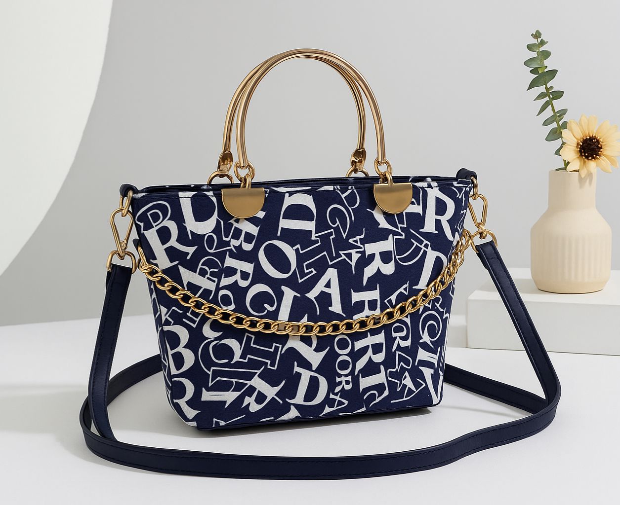 Printed Metal Handle Handbag & Crossbody Bag