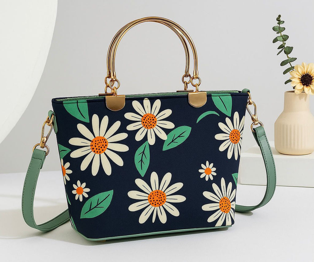 Printed Metal Handle Handbag & Crossbody Bag