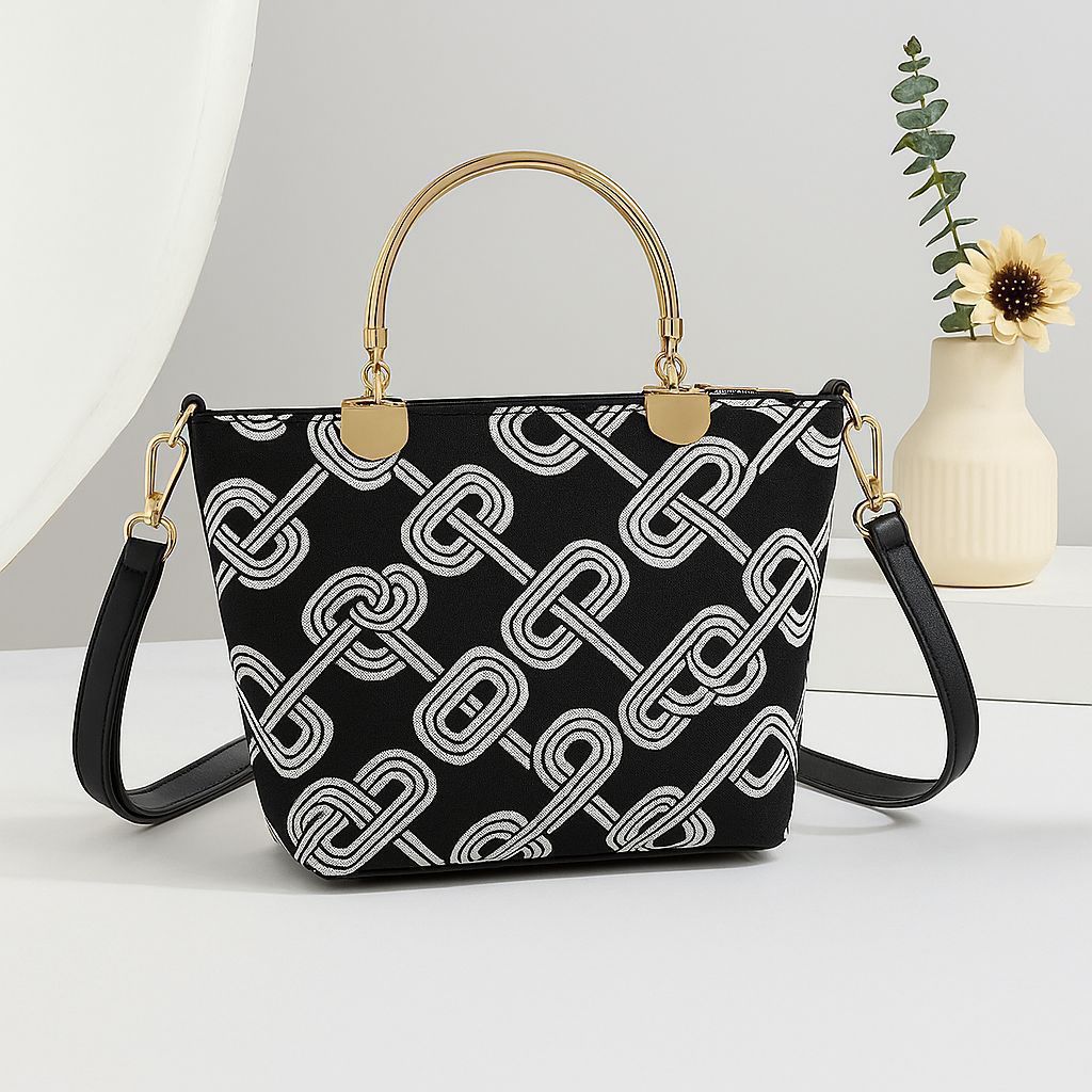 Printed Metal Handle Handbag & Crossbody Bag